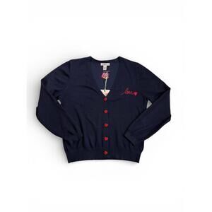 Caroline Taylor Navy Blue Cardigan Red Heart Embroidery Love V-Neck Size Large